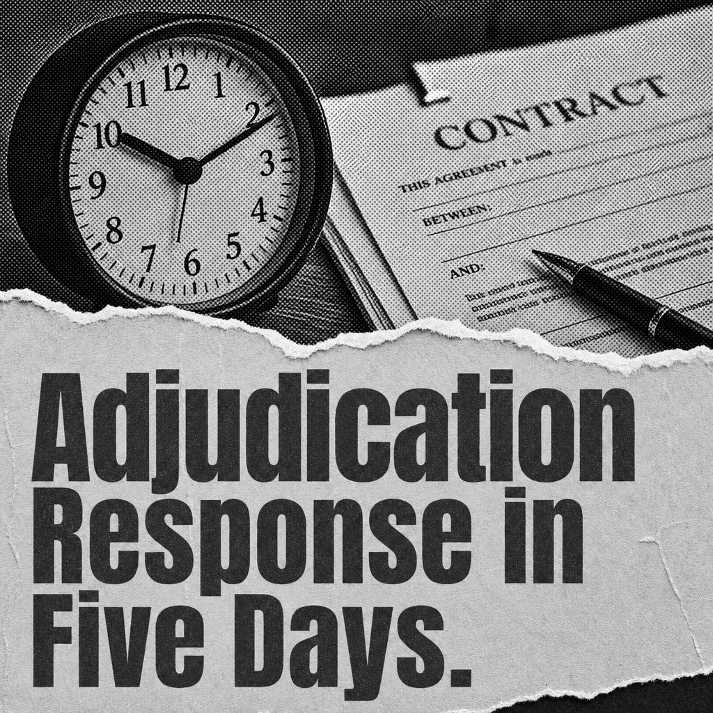 Torn-paper headline graphic reading Adjudication Response in Five Days