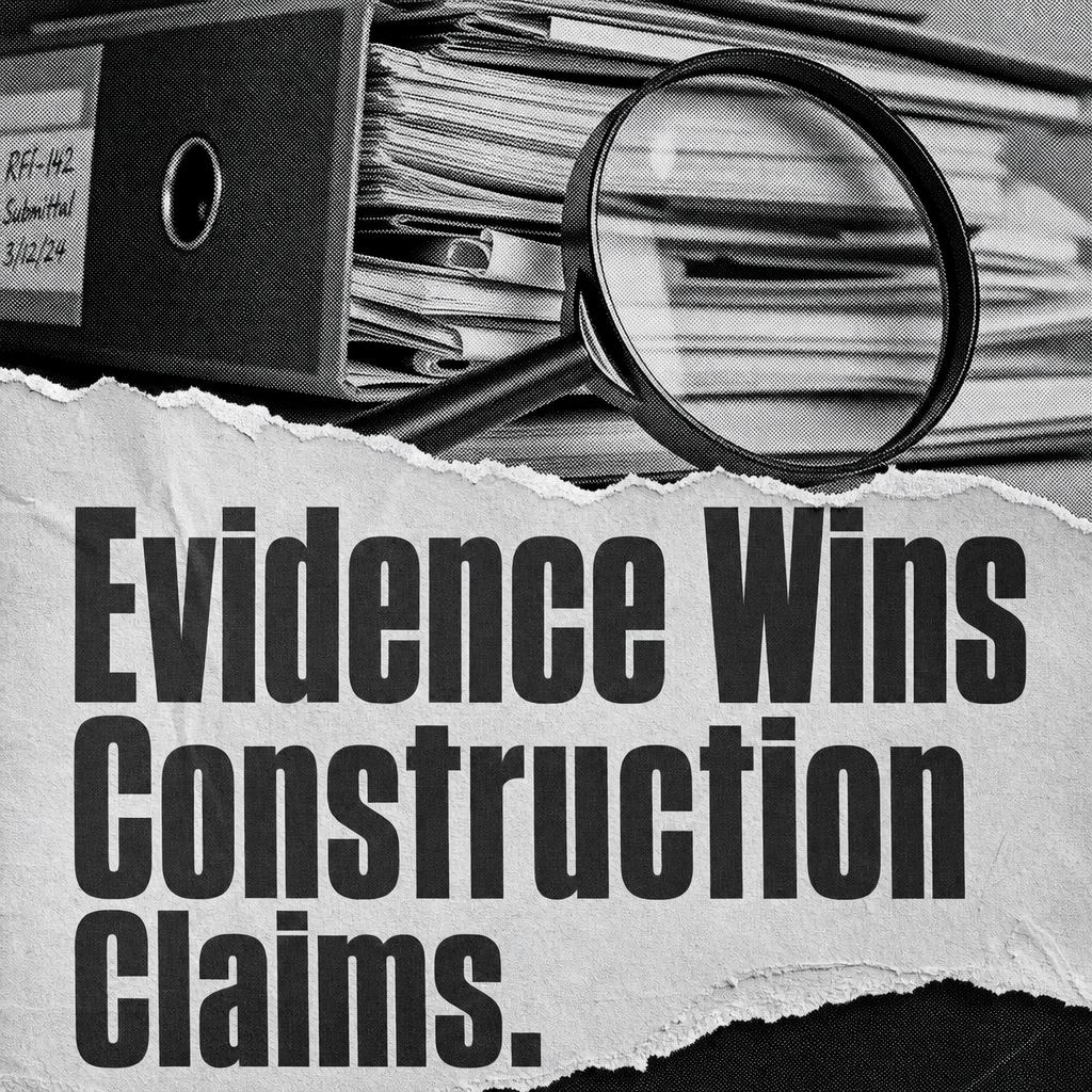 Torn-paper headline graphic reading Evidence Wins Construction Claims