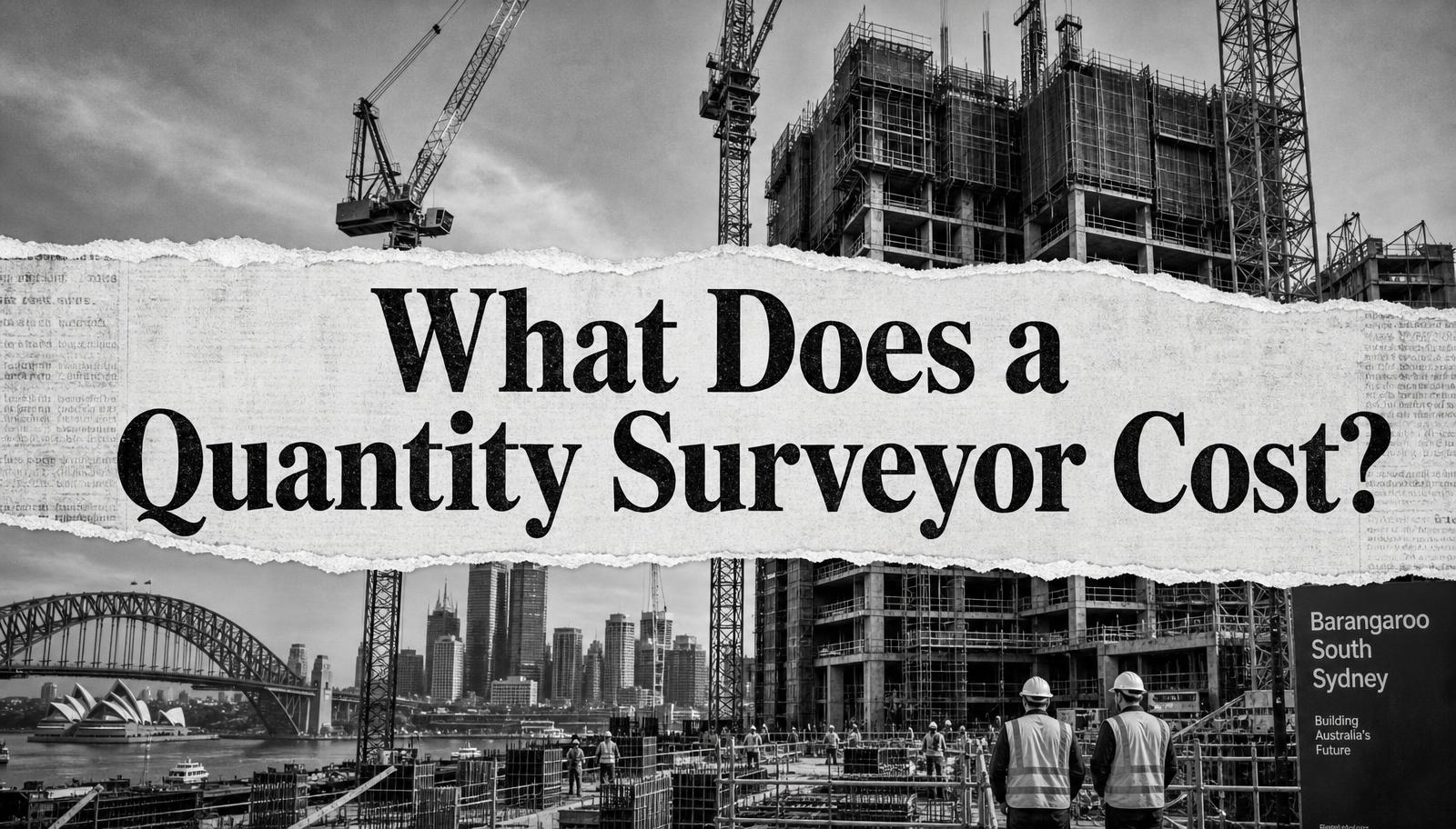 Torn-paper headline graphic over a Sydney construction site reading What Does a Quantity Surveyor Cost?
