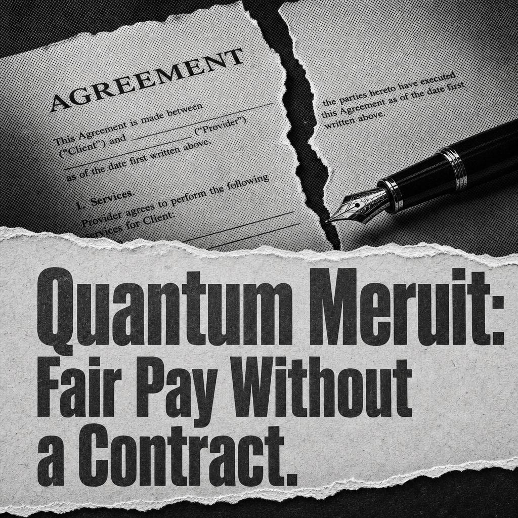 Torn-paper headline graphic reading Quantum Meruit: Fair Pay Without a Contract